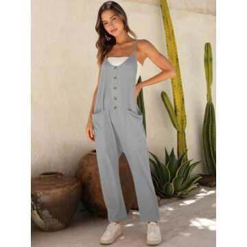 DEEP SELF Women Summer Sleeveless Jumpsuits Sleeveless V Neck Spaghetti Strap Button Down Long Pants Romper Pockets Grey