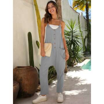 DEEP SELF Women Summer Sleeveless Jumpsuits Sleeveless V Neck Spaghetti Strap Button Down Long Pants Romper Pockets Grey