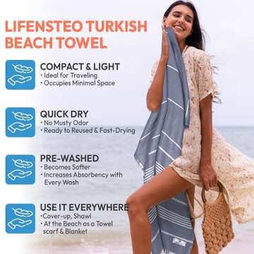 LIFENSTEO Turkish Beach Towel - Oversized, Quick Drying, 100% Cotton