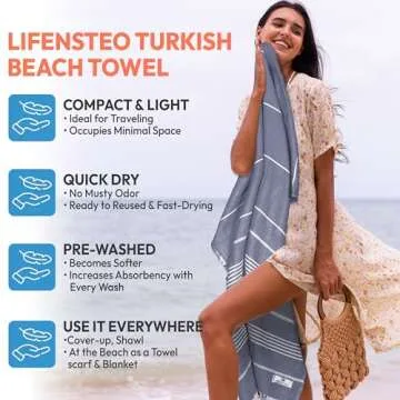 LIFENSTEO Turkish Beach Towel - Oversized, Quick Drying, 100% Cotton