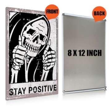 Vintage Stay Positive Skull Sign Metal Tin Sign Wall Décor Funny Retro Sign for Home Living Room Bedroom Halloween Decor Gifts - 8x12 Inch