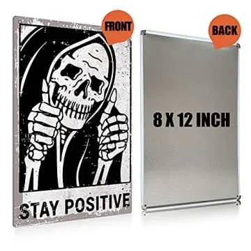 Vintage Stay Positive Skull Sign Metal Tin Sign Wall Décor Funny Retro Sign for Home Living Room Bedroom Halloween Decor Gifts - 8x12 Inch
