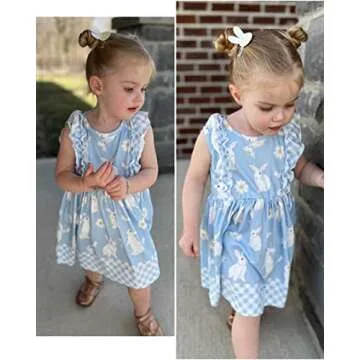 Toddler Kids Dress Girls Easter Bunny Summer Beach Dresses 4T 5T Girl Rabbit Cute Ruffle Sleeveless Casual Sundress Printed Frocks Playwear for Birthday Theme Party Holiday Size 4 5