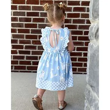 Toddler Kids Dress Girls Easter Bunny Summer Beach Dresses 4T 5T Girl Rabbit Cute Ruffle Sleeveless Casual Sundress Printed Frocks Playwear for Birthday Theme Party Holiday Size 4 5