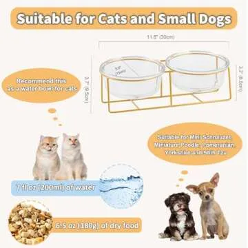 Elevated Dog Bowls for Small Dogs - 2 Glass Bowls with Gold Iron Stand - Raised Pet Dish Set for Foo...