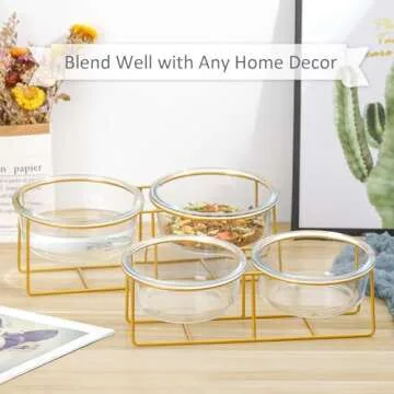 Elevated Dog Bowls for Small Dogs - 2 Glass Bowls with Gold Iron Stand - Raised Pet Dish Set for Food and Water - Comfortable Feeding