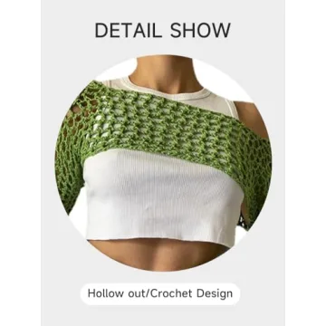 KEOMUD Women Mesh Crochet Crop Top Long Sleeve Hollow Out Cropped Knit Sweater Bikini Beach See Through Cover Ups Green Medium