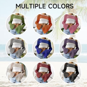 KEOMUD Women Mesh Crochet Crop Top Long Sleeve Hollow Out Cropped Knit Sweater Bikini Beach See Through Cover Ups Green Medium