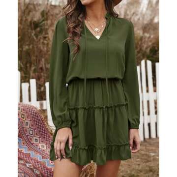 BTFBM Women Casual Summer Fall Dresses Tie V Neck Long Sleeve High Waist Ruffle Tiered A Line Swing Tunic Mini Dress(Long Sleeve Green, Medium)