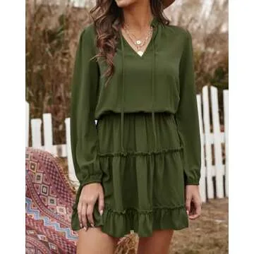 BTFBM Women Casual Summer Fall Dresses Tie V Neck Long Sleeve High Waist Ruffle Tiered A Line Swing Tunic Mini Dress(Long Sleeve Green, Medium)
