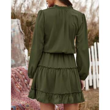 BTFBM Women Casual Summer Fall Dresses Tie V Neck Long Sleeve High Waist Ruffle Tiered A Line Swing Tunic Mini Dress(Long Sleeve Green, Medium)