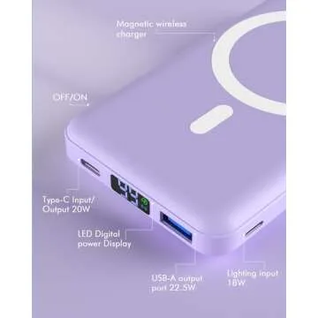 podoru for Magsafe Battery Pack, Foldable 10000mAh Magnetic Power Bank with USB-C Cable LED Display 22.5W PD Fast Charging Wireless Portable Charger for iPhone 16/15/14/13/12 Series-Purple