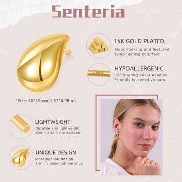 Senteria Extra Large Earring Dupes Hypoallergenic Gold Water Drop Teardrop Earrings for Women Lightweight 14k Gold Plated teardrop Earring Dupes Extra Large for Women