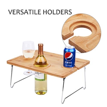 Tirrinia Portable Wine Picnic Table, Ideal Wine Gift for Women Men, Small Folding Outdoor Picnic & Cheese Tray with 2 Wine Glasses Holder for Camping, Park, Beach, Garden, Concerts