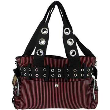 Lost Queen Striped Punk Rock Steampunk Purse with Handcuff Skull Charm (Red)