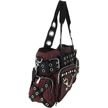Lost Queen Striped Punk Rock Steampunk Purse with Handcuff Skull Charm (Red)