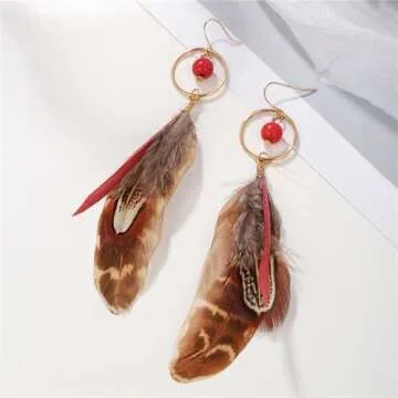 Handmade Natural Feather Dangle Drop Earrings for Women Bohemian Statement Pheasant Hair Soft Lightweight Long Colorful Tassel Fringe Hook Earrings for Boho Style Birthday Party Christmas Fashion Jewelry Gifts (Red)