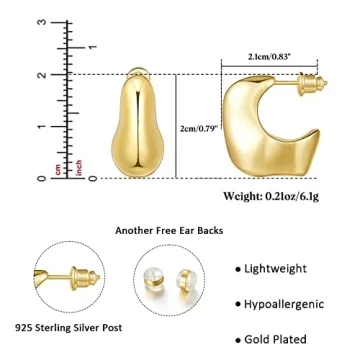 KissYan Chunky Gold Hoop Earrings for Women, 14K Gold Plated Lightweight Hollow Open Hoops Thick Teardrop Earrings Sterling Silver Post Fashion Jewelry Gifts(Style6-Gold)