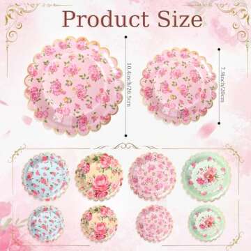 Pasimy 64 Pcs Floral Vintage Plates Paper Tea Party Tableware Set 9 Inch and 7 Inch Plates for Tea P...