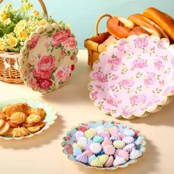 Pasimy 64 Pcs Floral Vintage Plates Paper Tea Party Tableware Set 9 Inch and 7 Inch Plates for Tea Party Birthday Baby Shower Wedding Bachelorette Party Supplies(Rose)