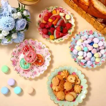Pasimy 64 Pcs Floral Vintage Plates Paper Tea Party Tableware Set 9 Inch and 7 Inch Plates for Tea Party Birthday Baby Shower Wedding Bachelorette Party Supplies(Rose)