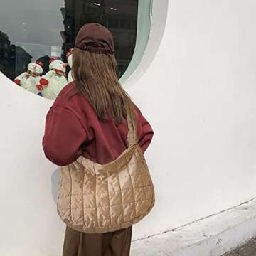 Large Puffer Tote Bag, Shoulder Bag for Women, Lightweight Quilted Tote Bags Handbag with Zipper Cro...