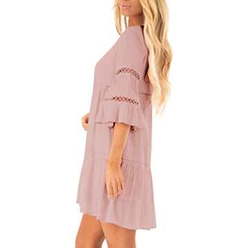 ZANZEA Women Tunic Dress 3/4 Ruffle Bell Sleeve Cocktail A-line Party Casual Mini Dress Loose Flowy Swing Shift Dress Pink M