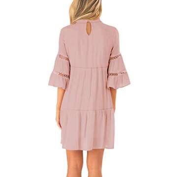ZANZEA Women Tunic Dress 3/4 Ruffle Bell Sleeve Cocktail A-line Party Casual Mini Dress Loose Flowy Swing Shift Dress Pink M