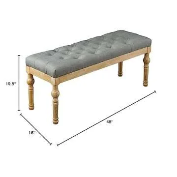 Roundhill Furniture Habit Solid Wood Button Tufted Dining Bench, Grey