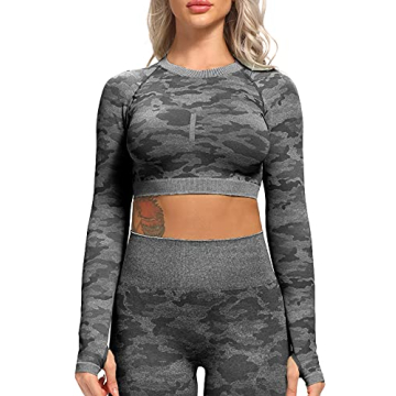 FITTOO Women’s Crop Tops Activewear Workout Yoga Gym Top Lounge T Shirts Camouflage Black Top(M)