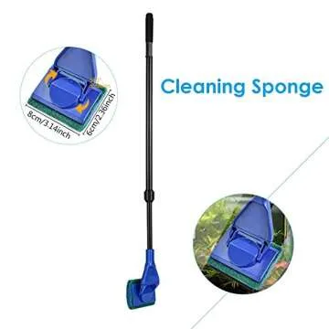 AquaticHI 5 in 1 Aquarium/Fish Tank Cleaning Kit/Tool, Algae Scraper, Fish Net, Sponge, Plant Fork, Gravel Rake, Length Adjustable from 21 inches to 31 inches (Extendable)