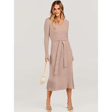 ANRABESS Women Long Sleeve V Neck A-line Tie Waist Slim Fit Ribbed Knit Bodycon Midi Sweater Dress 2024 Fall Trendy Outfits Almond Small