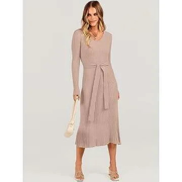 ANRABESS Women Long Sleeve V Neck A-line Tie Waist Slim Fit Ribbed Knit Bodycon Midi Sweater Dress 2024 Fall Trendy Outfits Almond Small