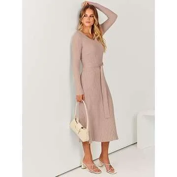 ANRABESS Women Long Sleeve V Neck A-line Tie Waist Slim Fit Ribbed Knit Bodycon Midi Sweater Dress 2024 Fall Trendy Outfits Almond Small