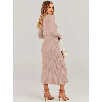 ANRABESS Women Long Sleeve V Neck A-line Tie Waist Slim Fit Ribbed Knit Bodycon Midi Sweater Dress 2024 Fall Trendy Outfits Almond Small