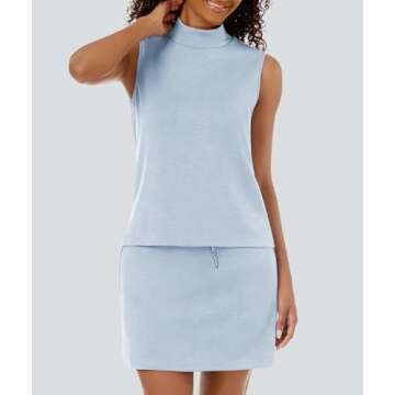 Casly Lamiit Womens Two Piece Skirt Set Tennis Outfits Spring Sweatsuit Mock Neck Tanks Short Skorts Athleisure Running Matching Sets Light Blue S