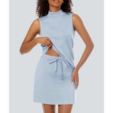 Casly Lamiit Womens Two Piece Skirt Set Tennis Outfits Spring Sweatsuit Mock Neck Tanks Short Skorts Athleisure Running Matching Sets Light Blue S