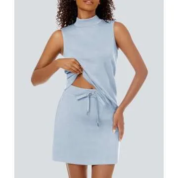 Casly Lamiit Womens Two Piece Skirt Set Tennis Outfits Spring Sweatsuit Mock Neck Tanks Short Skorts Athleisure Running Matching Sets Light Blue S