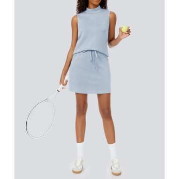 Casly Lamiit Womens Two Piece Skirt Set Tennis Outfits Spring Sweatsuit Mock Neck Tanks Short Skorts Athleisure Running Matching Sets Light Blue S
