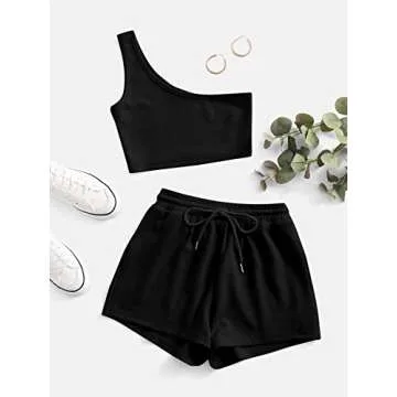 Verdusa Women's One Shoulder Tank Top and Lounge Shorts 2 Piece Tracksuit Set Black M