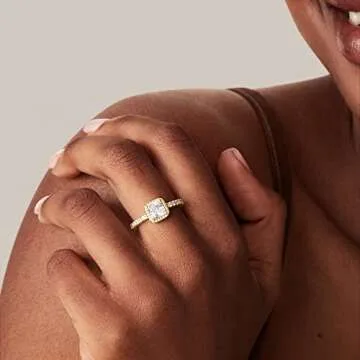 PAVOI 14K Gold Plated Square Halo Ring for Women | Promise Rings for Her (Yellow Gold, 7)