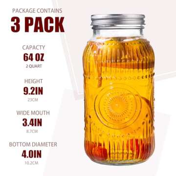 Amzcku 64oz vintage Mason Jars with Lids, Wide Mouth 2 Quart Canning Jar Half Gallon, Safe For Stora...