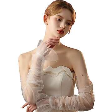 GRYUIRY Women's Long Bridal Wedding Tulle Gloves Mesh Fingerless Gloves Pearl 20s Opera Tea Party Hallowmas Dance Sheer Gloves Black