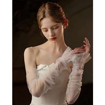 GRYUIRY Women's Long Bridal Wedding Tulle Gloves Mesh Fingerless Gloves Pearl 20s Opera Tea Party Hallowmas Dance Sheer Gloves Black