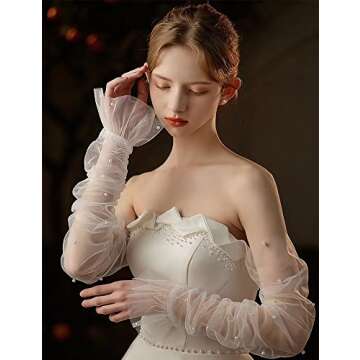 GRYUIRY Women's Long Bridal Wedding Tulle Gloves Mesh Fingerless Gloves Pearl 20s Opera Tea Party Hallowmas Dance Sheer Gloves Black