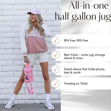 H2O Capsule 2.2L Half Gallon Water Bottle with Storage Sleeve and Covered Straw Lid – BPA Free Large Reusable Drink Container with Handle - Big Sports Jug, 2.2 Liter (74 Ounce) Rose Quartz