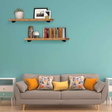 Industrial Pipe Wood Wall Shelf - 24" Real Wooden Shelving w/ Special Walnut Color - Modern Interior...