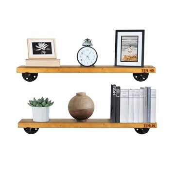 Industrial Pipe Wood Wall Shelf - 24" Real Wooden Shelving w/ Special Walnut Color - Modern Interior Decor Floating Shelves w/ Iron Pipe Brackets - Rustic Farmhouse Style Bookshelf by TEN49 - Set of 2