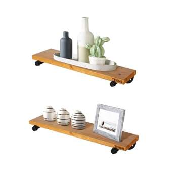 Industrial Pipe Wood Wall Shelf - 24" Real Wooden Shelving w/ Special Walnut Color - Modern Interior Decor Floating Shelves w/ Iron Pipe Brackets - Rustic Farmhouse Style Bookshelf by TEN49 - Set of 2