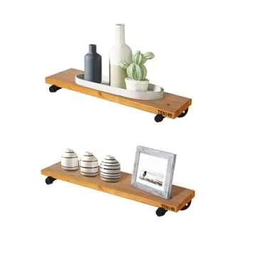 Industrial Pipe Wood Wall Shelf - 24" Real Wooden Shelving w/ Special Walnut Color - Modern Interior Decor Floating Shelves w/ Iron Pipe Brackets - Rustic Farmhouse Style Bookshelf by TEN49 - Set of 2